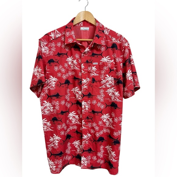 Columbia PFG Mens Hawaiian Aloha Shirt L Red White Black Swordfish Floral Palms - Picture 1 of 8